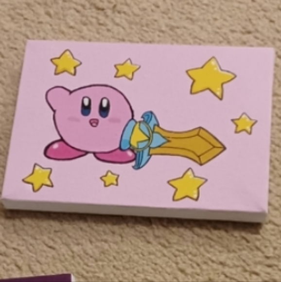 @fluffycowcreates Other - 4/$80 "Kirby With Sword" Animated Canvas Painting - 4.75 in. x 6.75 in. Canvas